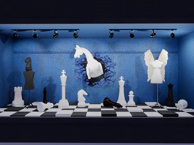 Window Display With Blue Background Black White Checkered Floor Chess Pieces And Sculptures 3d model