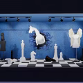 Window Display With Blue Background Black White Checkered Floor Chess Pieces And Sculptures