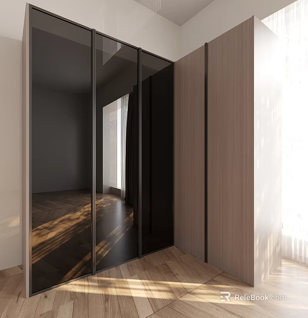 Modern Wardrobe Interior Design With Glass Doors And Wooden Panels 3d model 