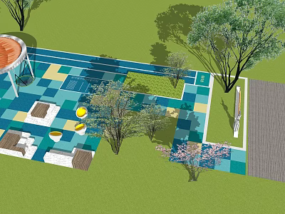 Colorful Kids Play Area With Tiled Floor Trees Seats And Grass Space 3d model