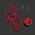 Red And Pink Flower Petals Scattered With Blue Leaves Near Decorative Basket Holding Red Blooms