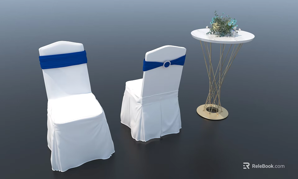 White Covered Dining Chairs With Blue Sashes And Small Round Table With Flower Decoration 3d model 