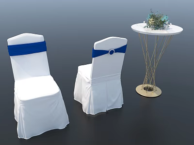 White Covered Dining Chairs With Blue Sashes And Small Round Table With Flower Decoration 3d model