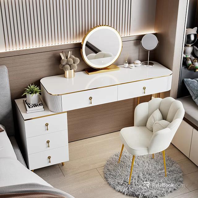 White Dressing Table with Gold Accents Round Mirror and White Chair in Modern Bedroom 3d model 