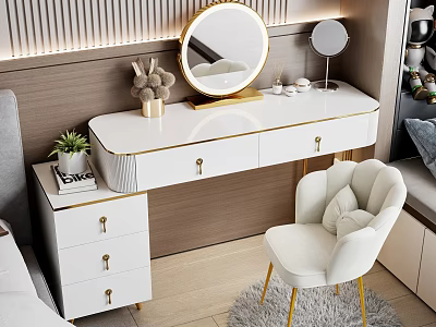 White Dressing Table with Gold Accents Round Mirror and White Chair in Modern Bedroom 3d model