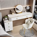 White Dressing Table with Gold Accents Round Mirror and White Chair in Modern Bedroom