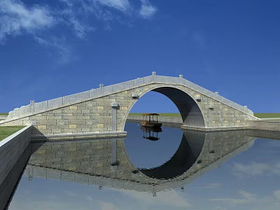 Ancient Stone Arch Bridge Over Calm Water With Reflection And Small Boat 3d model