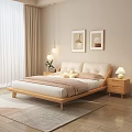 Double Bed With Wooden Frame Upholstered Headboard Nightstands And Decorative Paintings In Cozy Bedroom