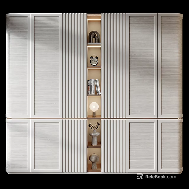 Modern Wardrobe Design With Vertical Striped Panels And Open Shelves Containing Books Decor And Lamp 3d model 