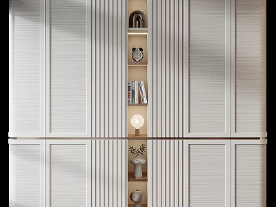 Modern Wardrobe Design With Vertical Striped Panels And Open Shelves Containing Books Decor And Lamp 3d model