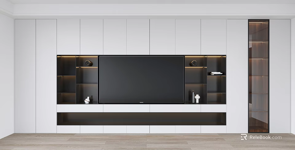 Modern TV Wall Design With White Cabinets Black Shelves LED Lighting And Decorative Items 3d model 