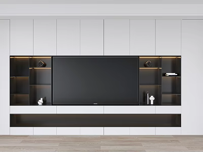 Modern TV Wall Design With White Cabinets Black Shelves LED Lighting And Decorative Items 3d model
