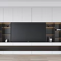 Modern TV Wall Design With White Cabinets Black Shelves LED Lighting And Decorative Items