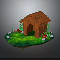 Wooden Dog House with Red Roof Green Grass Red Mushrooms and White Stones