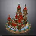 Festive Christmas Castle Model With Red Spires Towers Green Decorations Candies Snowflakes On Circular Base