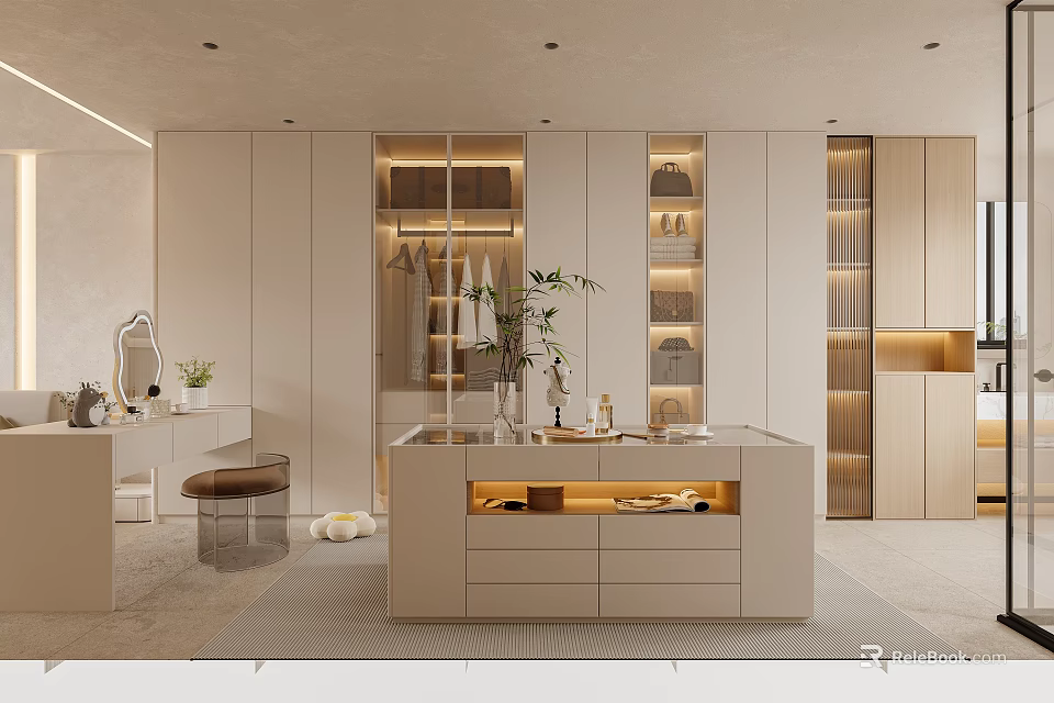 Modern Bedroom Interior With Light Colored Cabinets Open Shelving And Dressing Table 3d model 