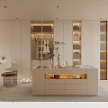 Modern Bedroom Interior With Light Colored Cabinets Open Shelving And Dressing Table