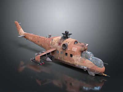 Realistic Armed Rusty Military Helicopter Marked 06 With Red Star 3d model