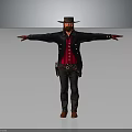 Cowboy Character With Brown Hat Black Coat Red Vest Plaid Pants And Outstretched Arms