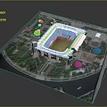 Modern Football Stadium Model With Green Turf Surrounding Trees And Roads
