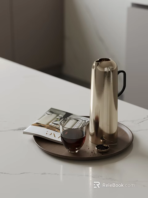 Silver Vacuum Flask As Daily Electrical Appliance On Tray With Glass Cup And Magazine 3d model 