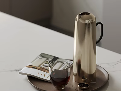Silver Vacuum Flask As Daily Electrical Appliance On Tray With Glass Cup And Magazine 3d model