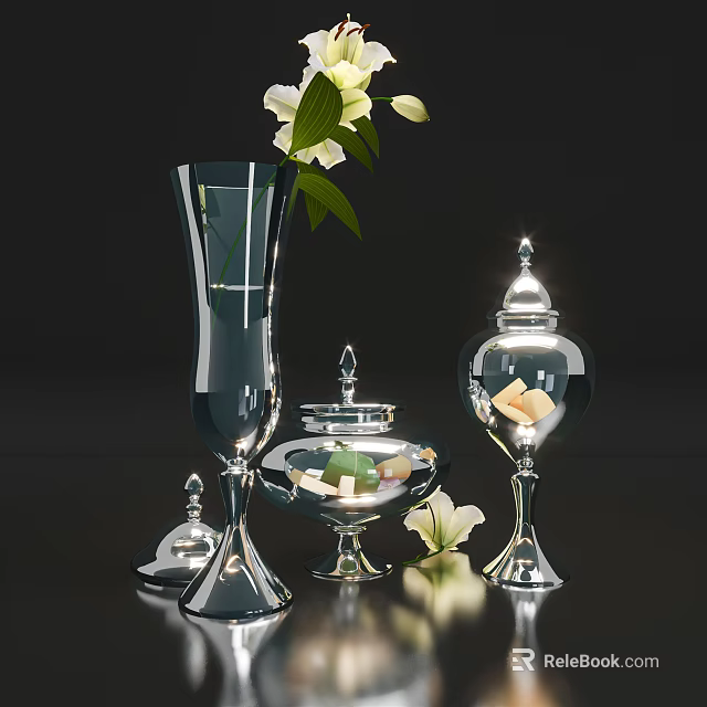 Clear Glass Vase With Lily Flowers And Covered Glass Containers On Black Reflective Background 3d model 