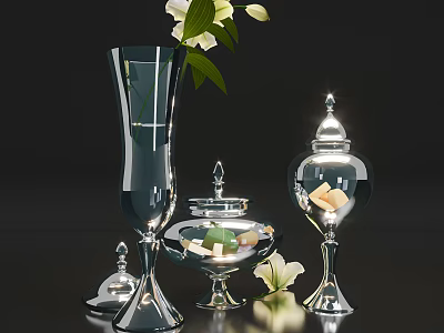 Clear Glass Vase With Lily Flowers And Covered Glass Containers On Black Reflective Background 3d model