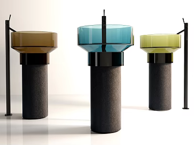 Three Colorful Modern Washbasins With Black Pedestals And Stylish Faucets 3d model