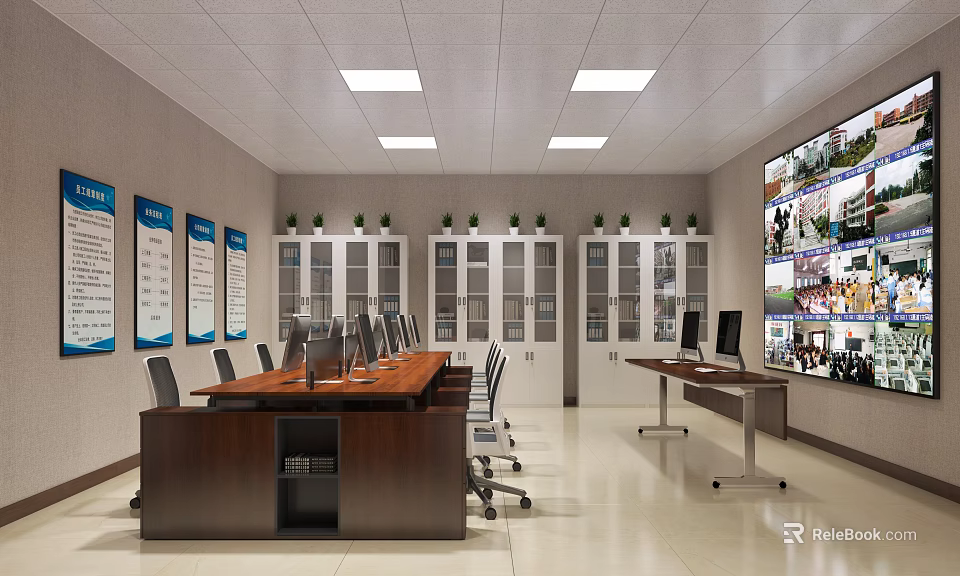 Modern Monitoring Room Interior With Long Table Computers Monitor Screens File Cabinets And Green Plants 3d model 