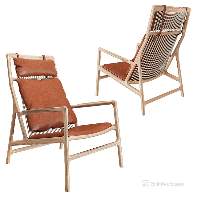 Stylish Modern Leisure Chair with Wooden Frame Brown Cushion and Woven Backrest 3d model 
