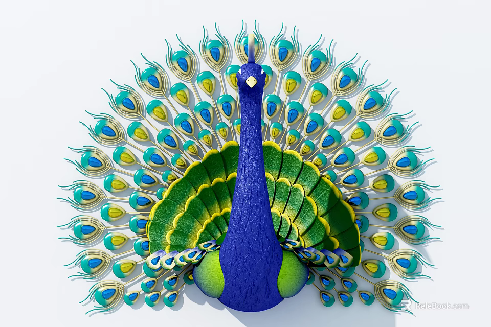 Decorative Peacock Wall Decor With Spread Feathers In Blue Green Yellow Hues 3d model 