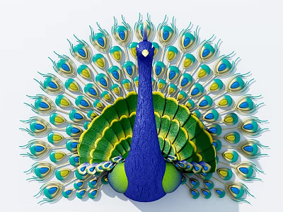 Decorative Peacock Wall Decor With Spread Feathers In Blue Green Yellow Hues 3d model