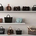 Stylish Designer Handbags Collection Displayed on White Shelves with Various Colors