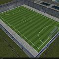 Enclosed Soccer Field With Green Grass White Markings Blue Fencing And Goalposts
