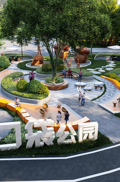 Pocket Park Landscape With Lush Green Trees Curved Pathways And Leisure Seating Areas 3d model