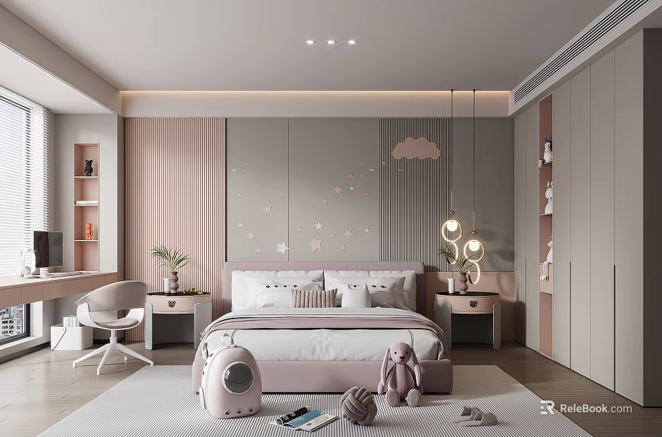 Modern Cozy Pink Kids Room Interior With Cloud Pendant Light Plush Toys And Desk Chair 3d model 