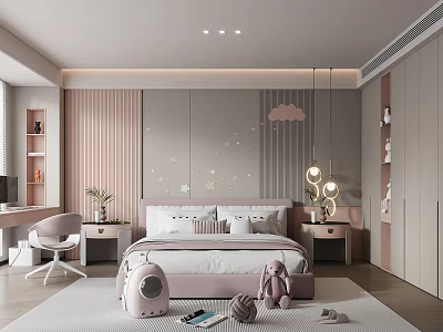 Modern Cozy Pink Kids Room Interior With Cloud Pendant Light Plush Toys And Desk Chair 3d model