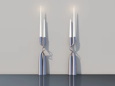 Modern Silver Twisted Candle Lamp With White Lit Candles On Gray Wall Table Top 3d model