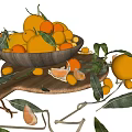 Fresh Oranges And Tangerines In Wooden Bowl With Leaves And Peeled Segments