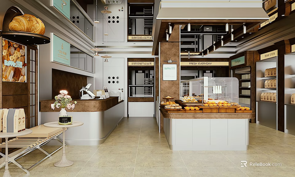 Modern Dessert Shop Interior With Glass Display Cases And Fresh Pastries 3d model 