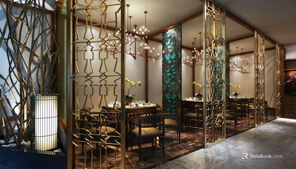 Elegant Private Dining Box Interior With Gold Carved Screens And Chandeliers 3d model 