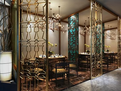 Elegant Private Dining Box Interior With Gold Carved Screens And Chandeliers 3d model