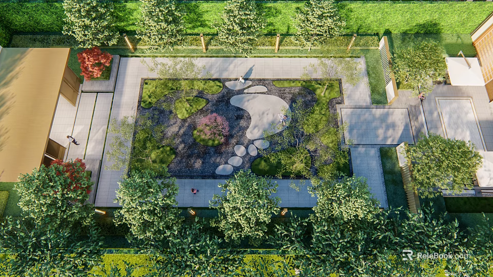 Landscape Wall Design with Green Plants Stone Path and Pebbles in Garden 3d model 