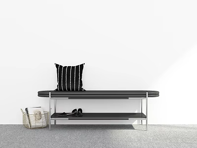 Modern Bench With Black Striped Pillow Wicker Basket And Black Shoes 3d model