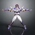 Game And Movie Character With Red Hair Purple White Armor Arms Outstretched Stylish Pose