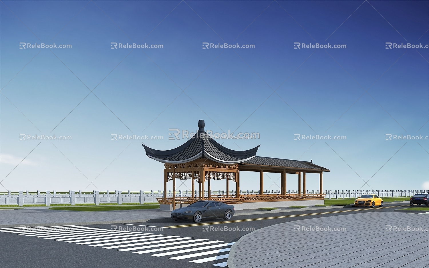 Chinese-style pavilion pavilion promenade riverbank landscape 3d model