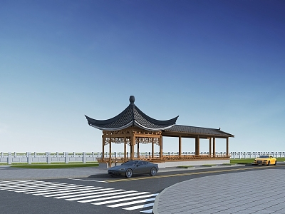 Chinese-style pavilion promenade riverbank landscape 3d model