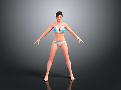 Woman In Blue And White Bikini Standing On Grey Background With Arms Outstretched 3d model