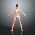 Woman In Blue And White Bikini Standing On Grey Background With Arms Outstretched